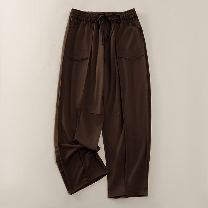 Pantaloni da donna a gamba dritta con tasche, stile casual estivo, minimalisti, con coulisse e tasche applicate, colore tinta unita, con Buddha Stones. - Marrone sella - US8-10, UK/AU12-14, EU40-42 (2XL) - image 18