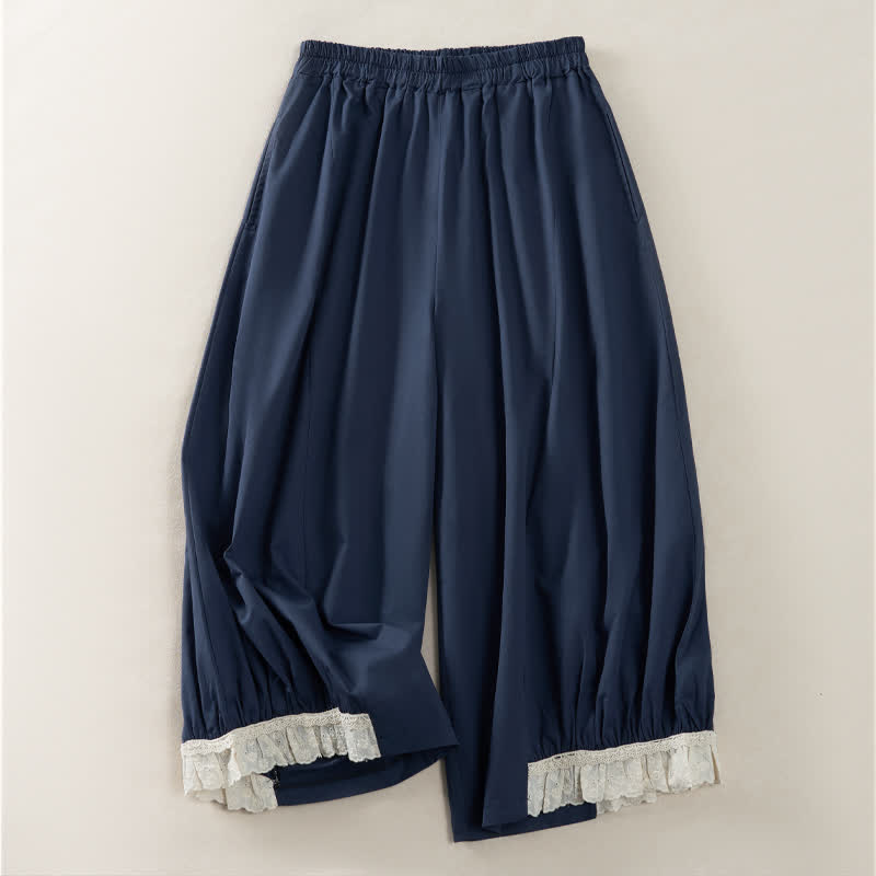 Buddha Stones Pantaloni estivi casual vintage a tinta unita, modello cropped da donna, a gamba larga con tasca - Blu mezzanotte - US12, UK/AU16, EU44 (2XL) - image 0