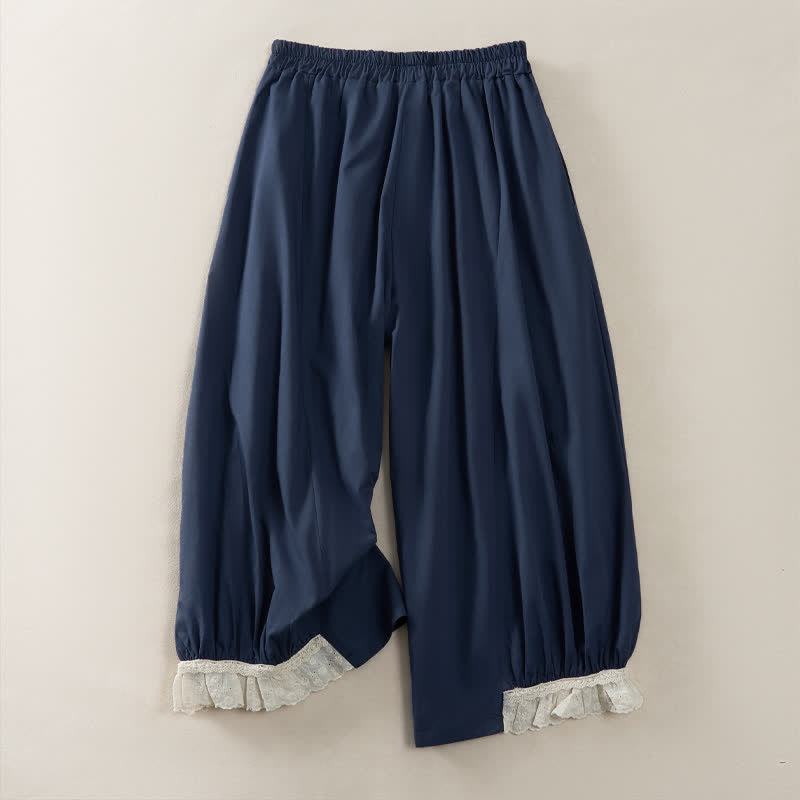 Buddha Stones Pantaloni estivi casual vintage a tinta unita, modello cropped da donna, a gamba larga con tasca - image 1