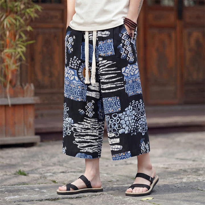 Buddha Stones Pantaloni Capri estivi boho vintage con coulisse e stampa floreale, pantaloni da uomo a gamba dritta con tasca - SteelBlue - US/UK/AU46, EU56 (5XL) - image 7