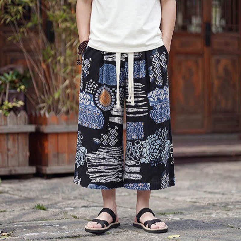 Buddha Stones Pantaloni Capri estivi boho vintage con coulisse e stampa floreale, pantaloni da uomo a gamba dritta con tasca - image 8