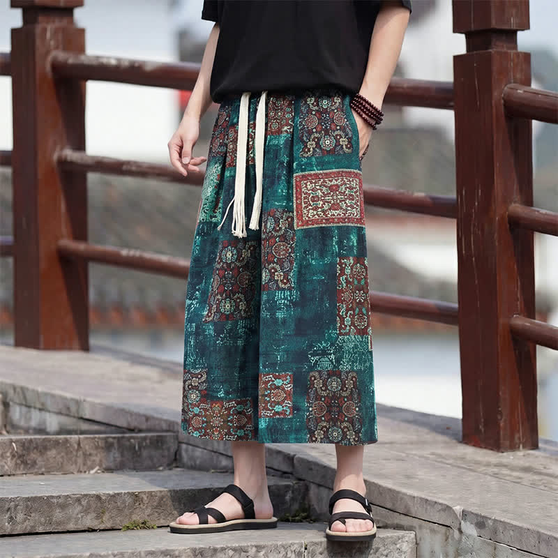 Buddha Stones Pantaloni Capri estivi boho vintage con coulisse e stampa floreale, pantaloni da uomo a gamba dritta con tasca - image 25