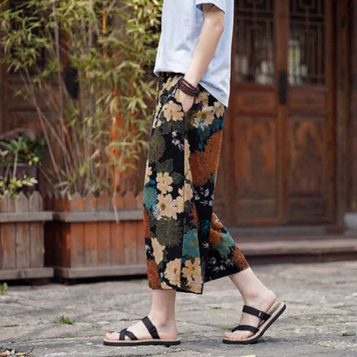 Buddha Stones Pantaloni Capri estivi boho vintage con coulisse e stampa floreale, pantaloni da uomo a gamba dritta con tasca - image 5