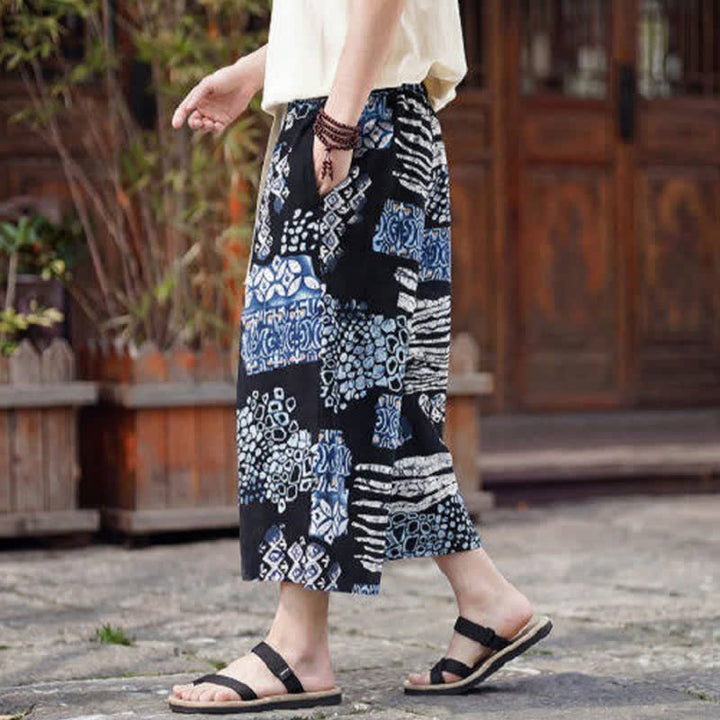 Buddha Stones Pantaloni Capri estivi boho vintage con coulisse e stampa floreale, pantaloni da uomo a gamba dritta con tasca - image 10