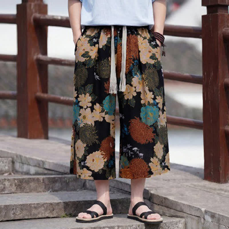 Buddha Stones Pantaloni Capri estivi boho vintage con coulisse e stampa floreale, pantaloni da uomo a gamba dritta con tasca - image 1