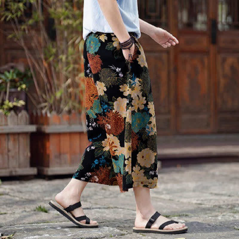 Buddha Stones Pantaloni Capri estivi boho vintage con coulisse e stampa floreale, pantaloni da uomo a gamba dritta con tasca - image 4