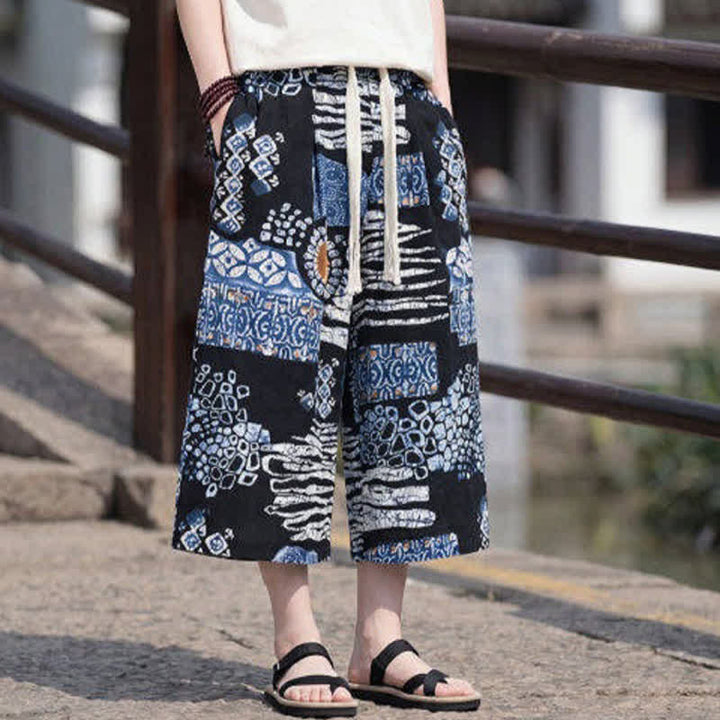Buddha Stones Pantaloni Capri estivi boho vintage con coulisse e stampa floreale, pantaloni da uomo a gamba dritta con tasca - image 12
