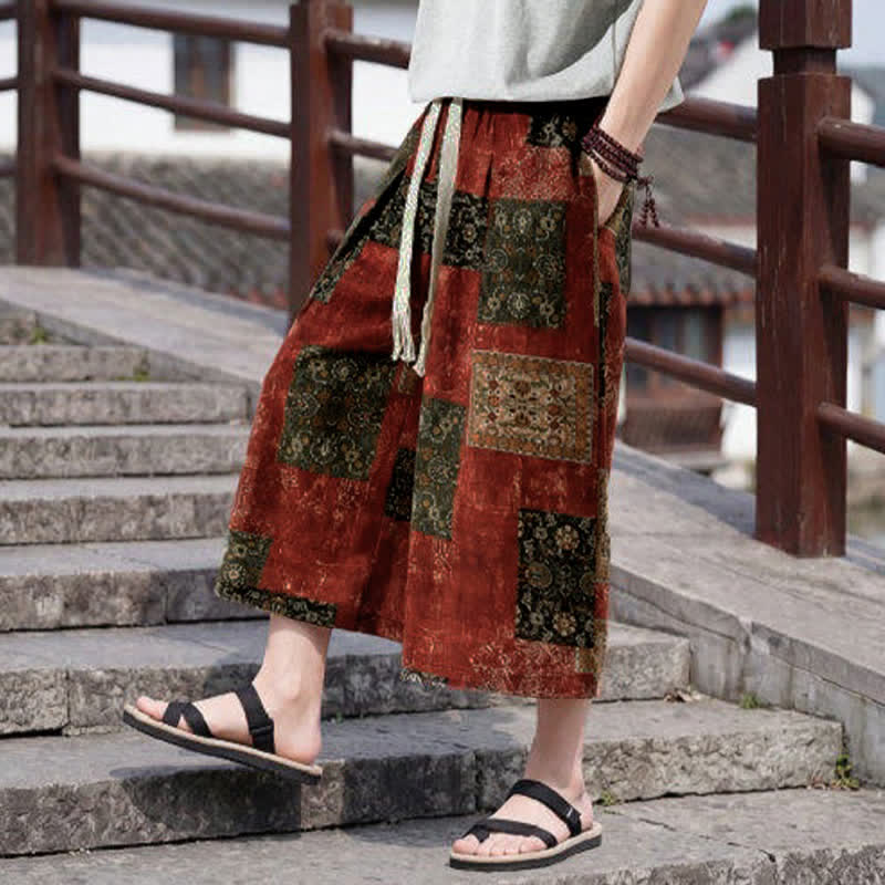 Buddha Stones Pantaloni Capri estivi boho vintage con coulisse e stampa floreale, pantaloni da uomo a gamba dritta con tasca - image 17