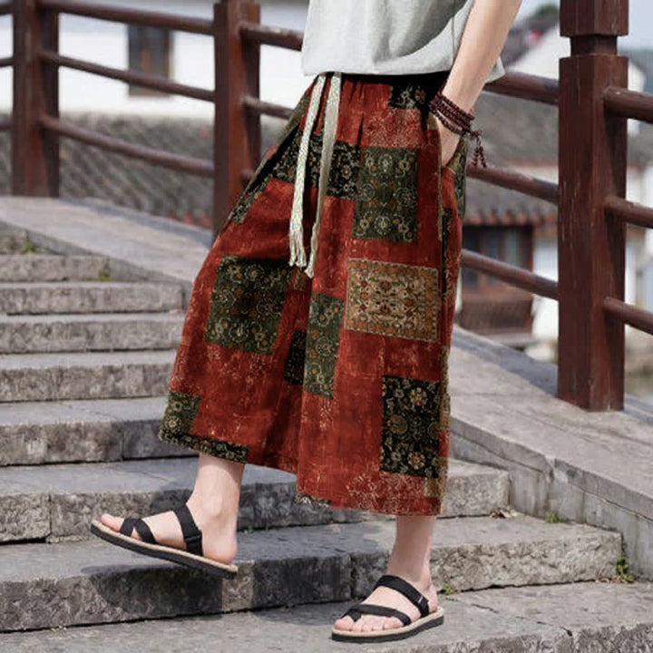Buddha Stones Pantaloni Capri estivi boho vintage con coulisse e stampa floreale, pantaloni da uomo a gamba dritta con tasca - image 17