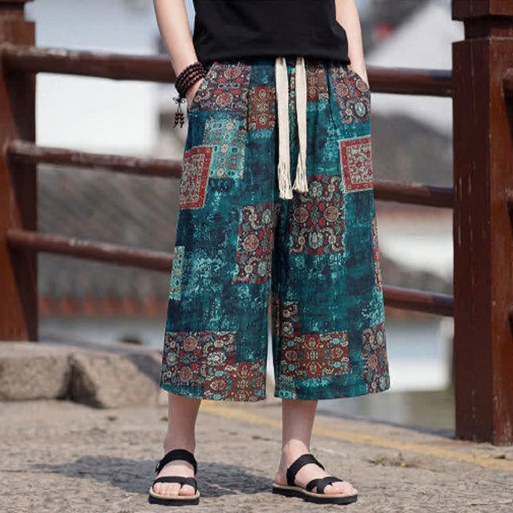Buddha Stones Pantaloni Capri estivi boho vintage con coulisse e stampa floreale, pantaloni da uomo a gamba dritta con tasca - image 24