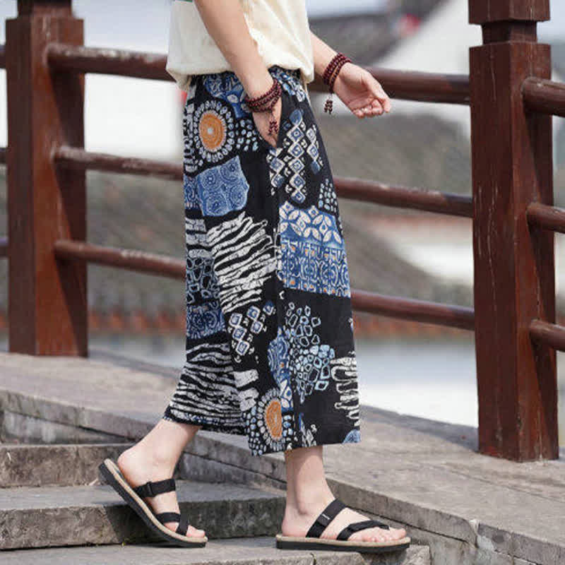 Buddha Stones Pantaloni Capri estivi boho vintage con coulisse e stampa floreale, pantaloni da uomo a gamba dritta con tasca - image 9