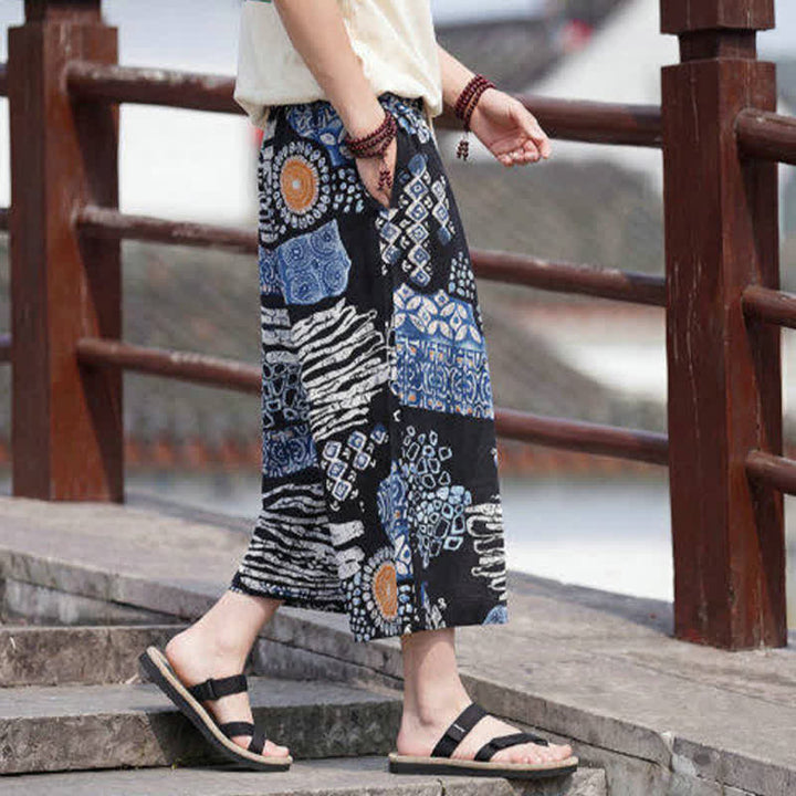 Buddha Stones Pantaloni Capri estivi boho vintage con coulisse e stampa floreale, pantaloni da uomo a gamba dritta con tasca - image 9