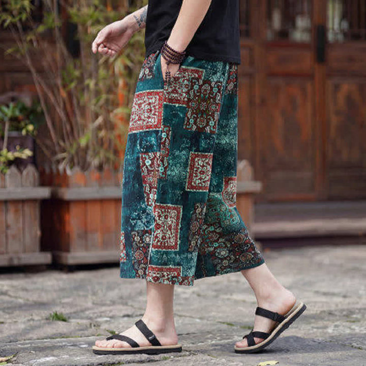 Buddha Stones Pantaloni Capri estivi boho vintage con coulisse e stampa floreale, pantaloni da uomo a gamba dritta con tasca - image 29