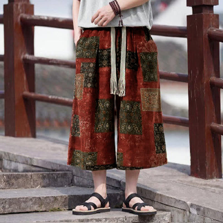 Buddha Stones Pantaloni Capri estivi boho vintage con coulisse e stampa floreale, pantaloni da uomo a gamba dritta con tasca - Siena - US/UK/AU46, EU56 (5XL) - image 15