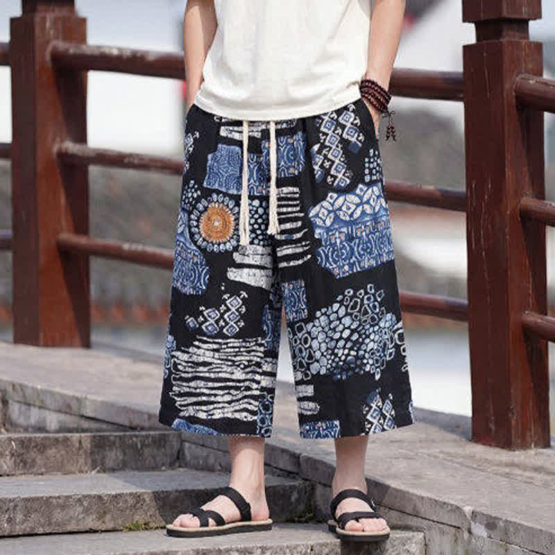 Buddha Stones Pantaloni Capri estivi boho vintage con coulisse e stampa floreale, pantaloni da uomo a gamba dritta con tasca - image 13