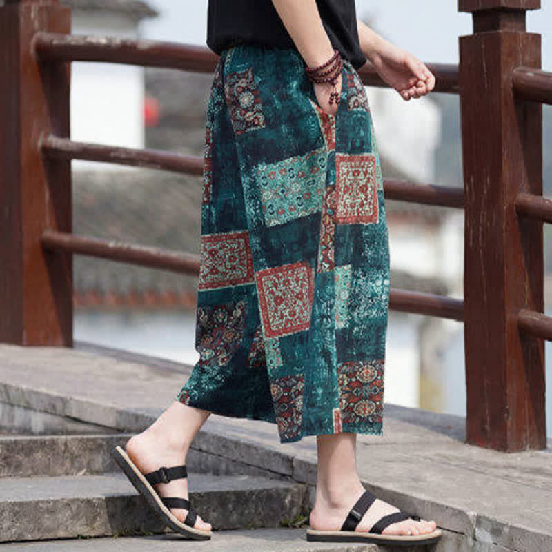Buddha Stones Pantaloni Capri estivi boho vintage con coulisse e stampa floreale, pantaloni da uomo a gamba dritta con tasca - image 27