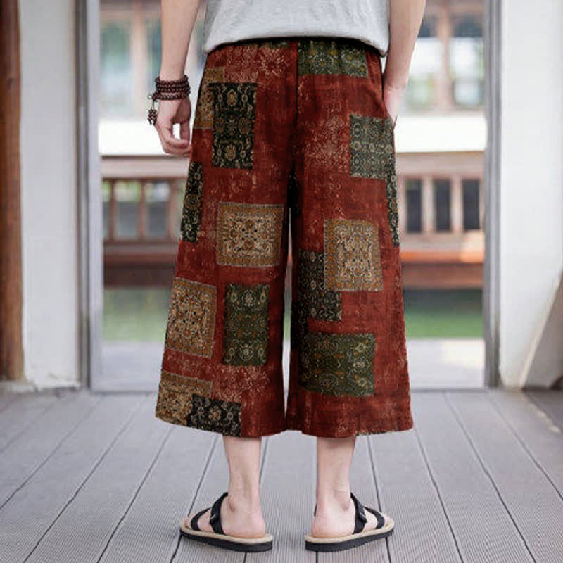 Buddha Stones Pantaloni Capri estivi boho vintage con coulisse e stampa floreale, pantaloni da uomo a gamba dritta con tasca - image 19