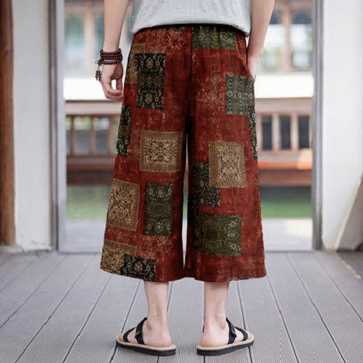 Buddha Stones Pantaloni Capri estivi boho vintage con coulisse e stampa floreale, pantaloni da uomo a gamba dritta con tasca - image 19