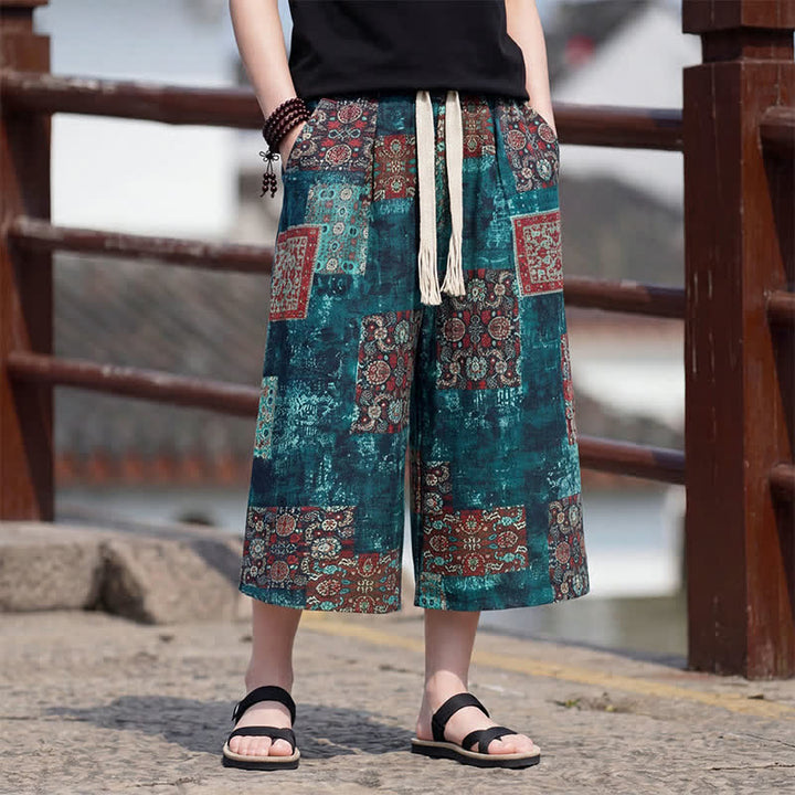 Buddha Stones Pantaloni Capri estivi boho vintage con coulisse e stampa floreale, pantaloni da uomo a gamba dritta con tasca - image 28