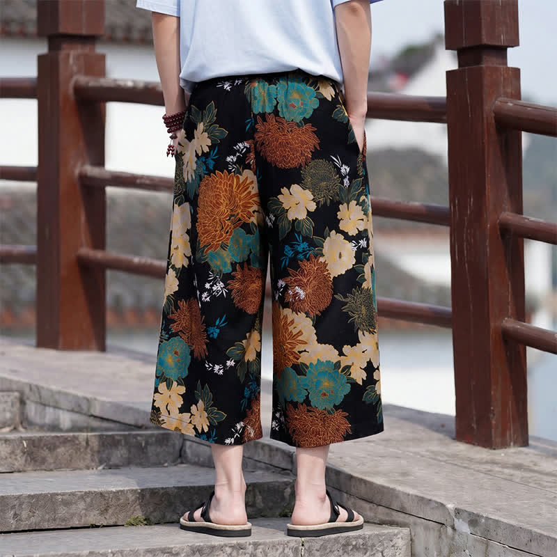 Buddha Stones Pantaloni Capri estivi boho vintage con coulisse e stampa floreale, pantaloni da uomo a gamba dritta con tasca - image 3