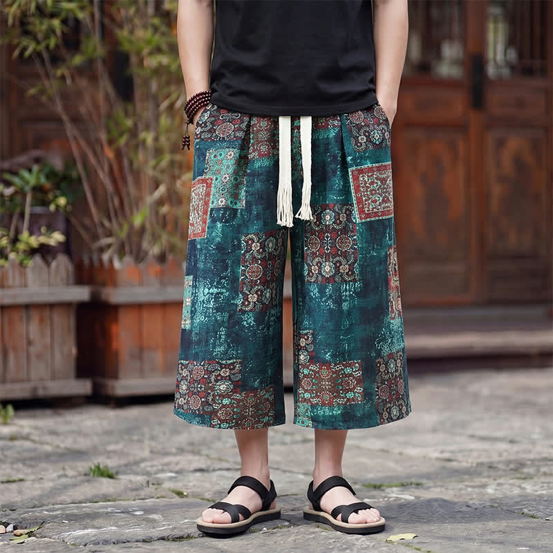 Buddha Stones Pantaloni Capri estivi boho vintage con coulisse e stampa floreale, pantaloni da uomo a gamba dritta con tasca - Verde acqua - US/UK/AU46, EU56 (5XL) - image 23