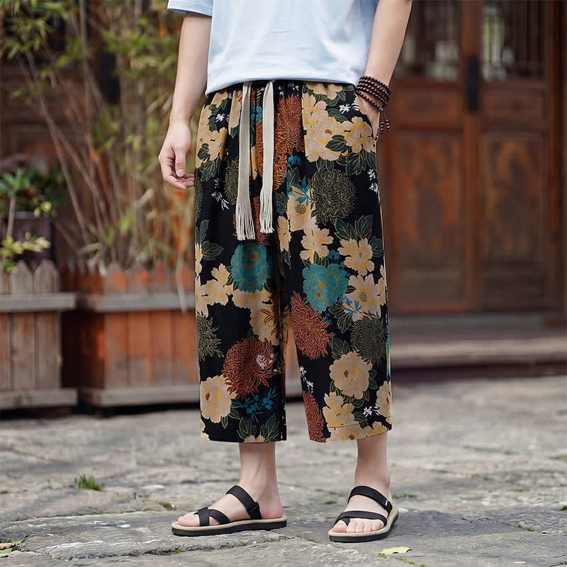 Buddha Stones Pantaloni Capri estivi boho vintage con coulisse e stampa floreale, pantaloni da uomo a gamba dritta con tasca - Nero - US/UK/AU46, EU56 (5XL) - image 0