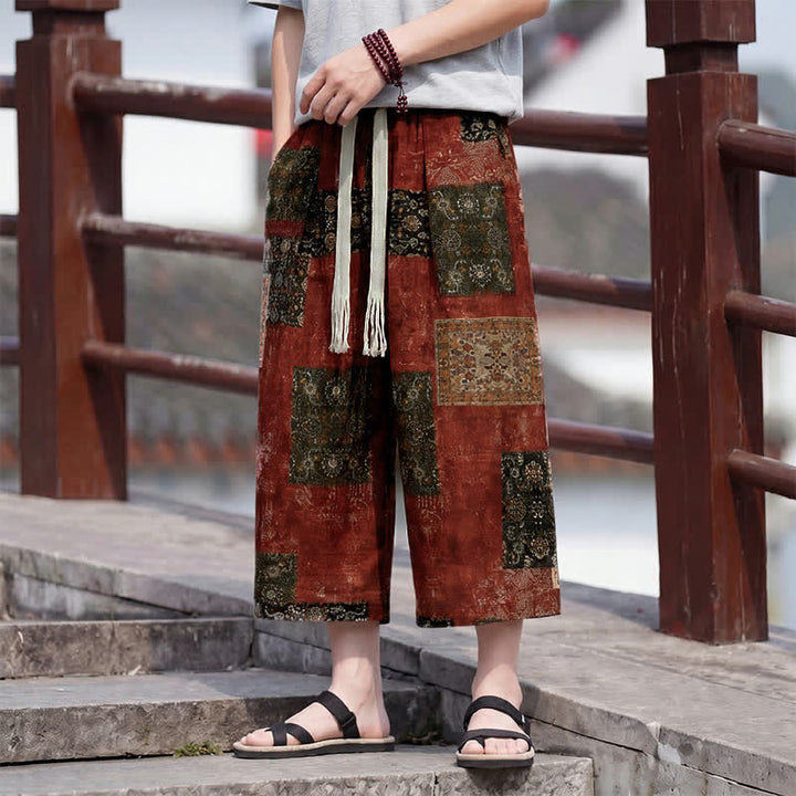 Buddha Stones Pantaloni Capri estivi boho vintage con coulisse e stampa floreale, pantaloni da uomo a gamba dritta con tasca - image 16