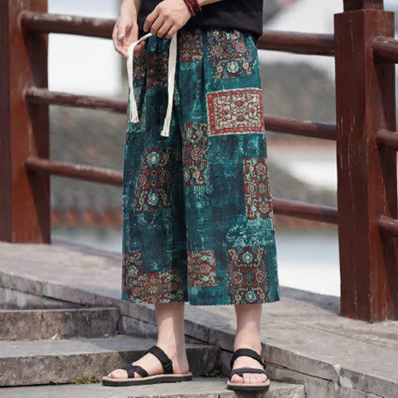 Buddha Stones Pantaloni Capri estivi boho vintage con coulisse e stampa floreale, pantaloni da uomo a gamba dritta con tasca - image 30