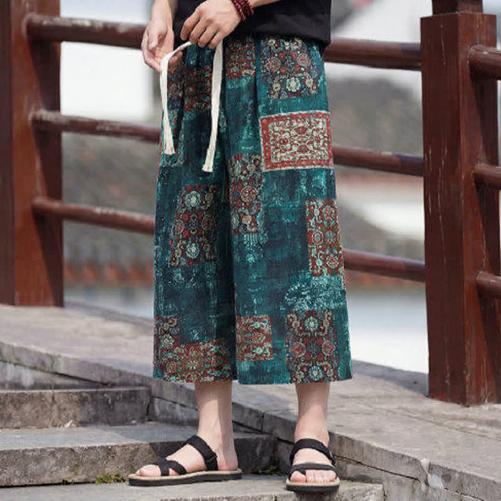 Buddha Stones Pantaloni Capri estivi boho vintage con coulisse e stampa floreale, pantaloni da uomo a gamba dritta con tasca - image 30
