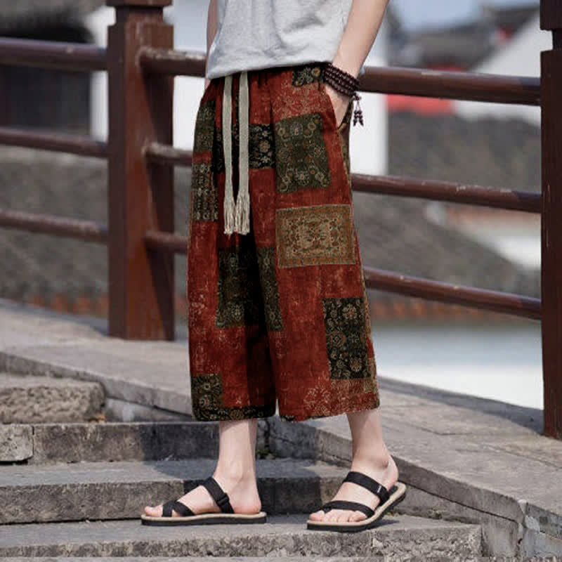 Buddha Stones Pantaloni Capri estivi boho vintage con coulisse e stampa floreale, pantaloni da uomo a gamba dritta con tasca - image 18