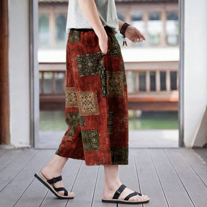 Buddha Stones Pantaloni Capri estivi boho vintage con coulisse e stampa floreale, pantaloni da uomo a gamba dritta con tasca - image 21