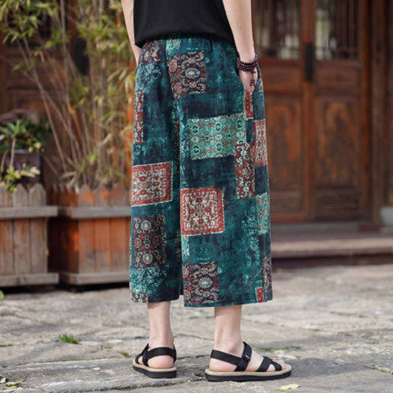 Buddha Stones Pantaloni Capri estivi boho vintage con coulisse e stampa floreale, pantaloni da uomo a gamba dritta con tasca - image 26