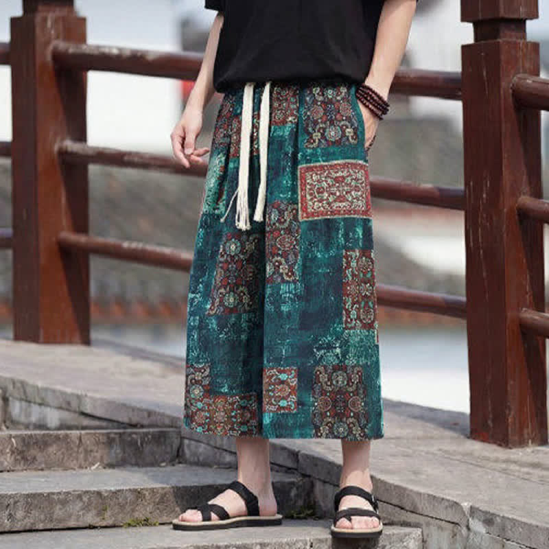 Buddha Stones Pantaloni Capri estivi boho vintage con coulisse e stampa floreale, pantaloni da uomo a gamba dritta con tasca - image 31