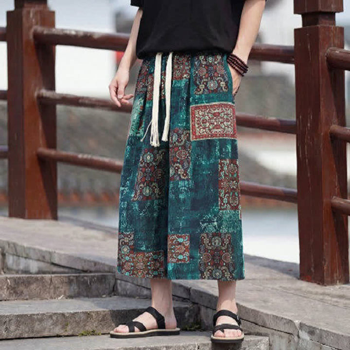 Buddha Stones Pantaloni Capri estivi boho vintage con coulisse e stampa floreale, pantaloni da uomo a gamba dritta con tasca - image 31