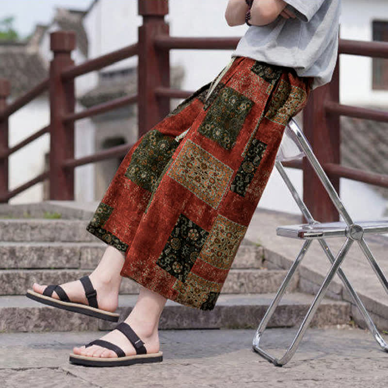 Buddha Stones Pantaloni Capri estivi boho vintage con coulisse e stampa floreale, pantaloni da uomo a gamba dritta con tasca - image 22
