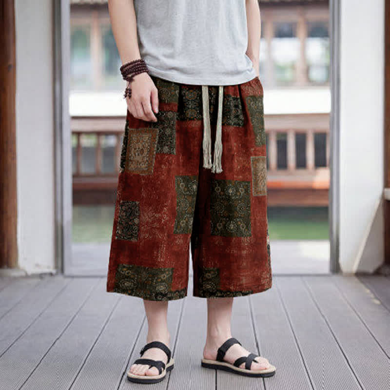 Buddha Stones Pantaloni Capri estivi boho vintage con coulisse e stampa floreale, pantaloni da uomo a gamba dritta con tasca - image 20