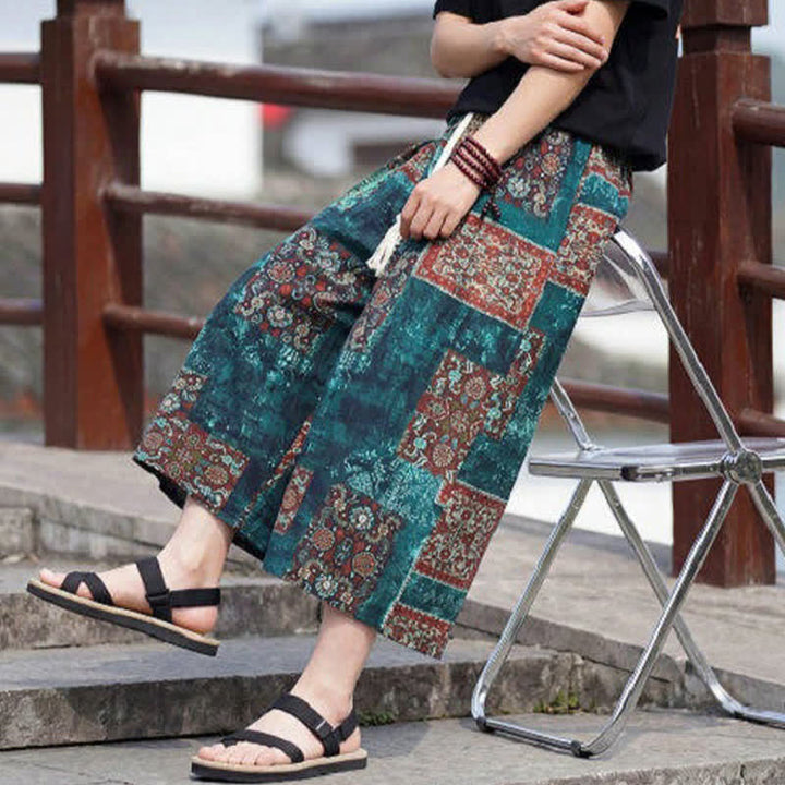 Buddha Stones Pantaloni Capri estivi boho vintage con coulisse e stampa floreale, pantaloni da uomo a gamba dritta con tasca - image 32
