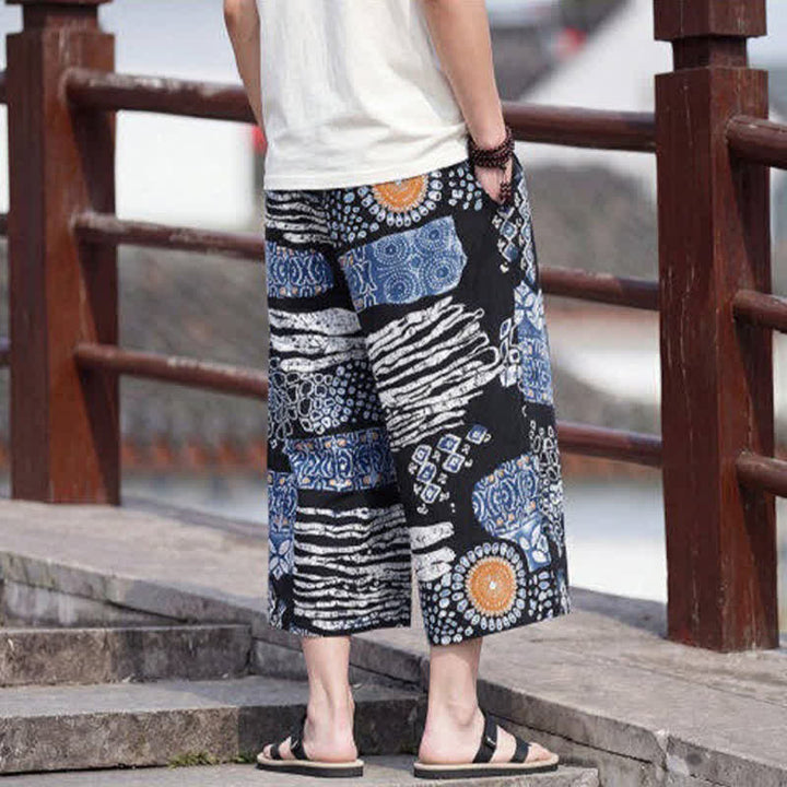 Buddha Stones Pantaloni Capri estivi boho vintage con coulisse e stampa floreale, pantaloni da uomo a gamba dritta con tasca - image 11