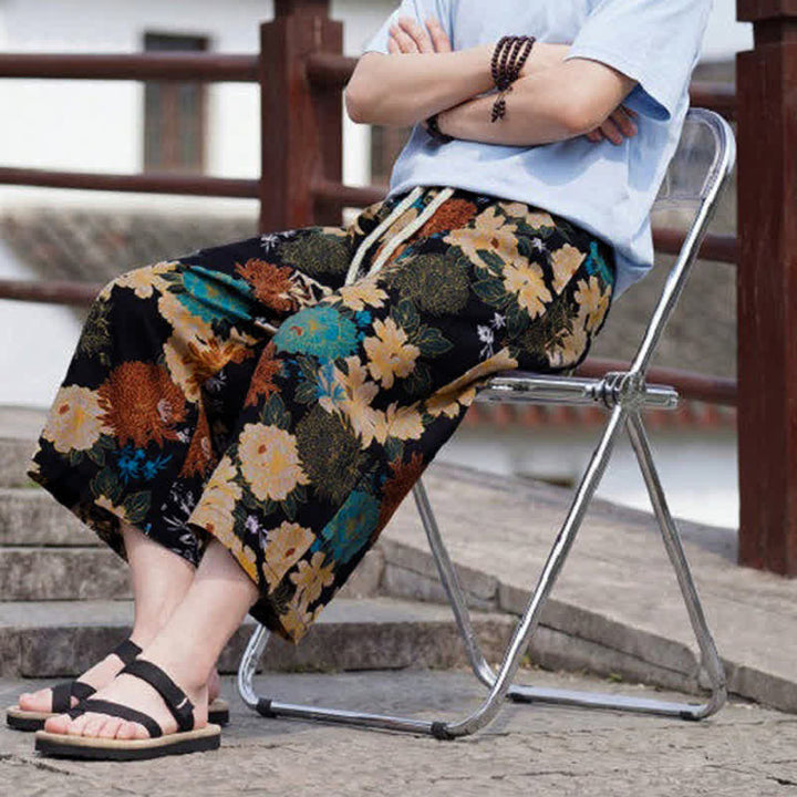 Buddha Stones Pantaloni Capri estivi boho vintage con coulisse e stampa floreale, pantaloni da uomo a gamba dritta con tasca - image 6