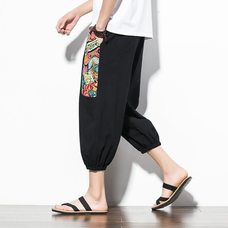 Buddha Stones Pantaloni Capri estivi casual boho con coulisse e stampa astratta, pantaloni harem da uomo con tasca - image 18