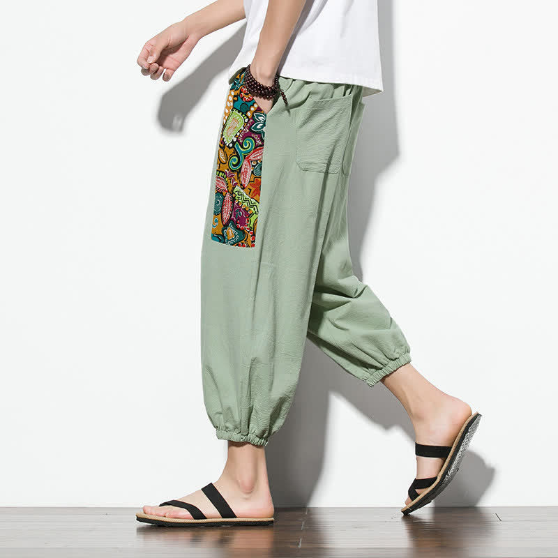 Buddha Stones Pantaloni Capri estivi casual boho con coulisse e stampa astratta, pantaloni harem da uomo con tasca - image 28
