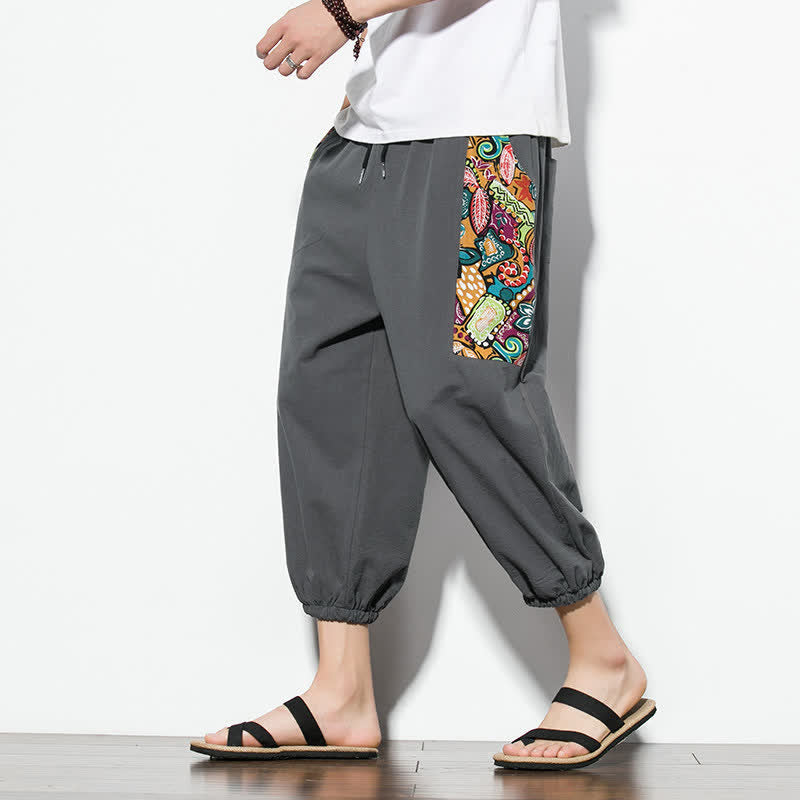 Buddha Stones Pantaloni Capri estivi casual boho con coulisse e stampa astratta, pantaloni harem da uomo con tasca - Grigio tenue - US/UK/AU46, EU56 (5XL) - image 0