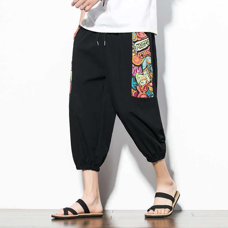 Buddha Stones Pantaloni Capri estivi casual boho con coulisse e stampa astratta, pantaloni harem da uomo con tasca - image 14