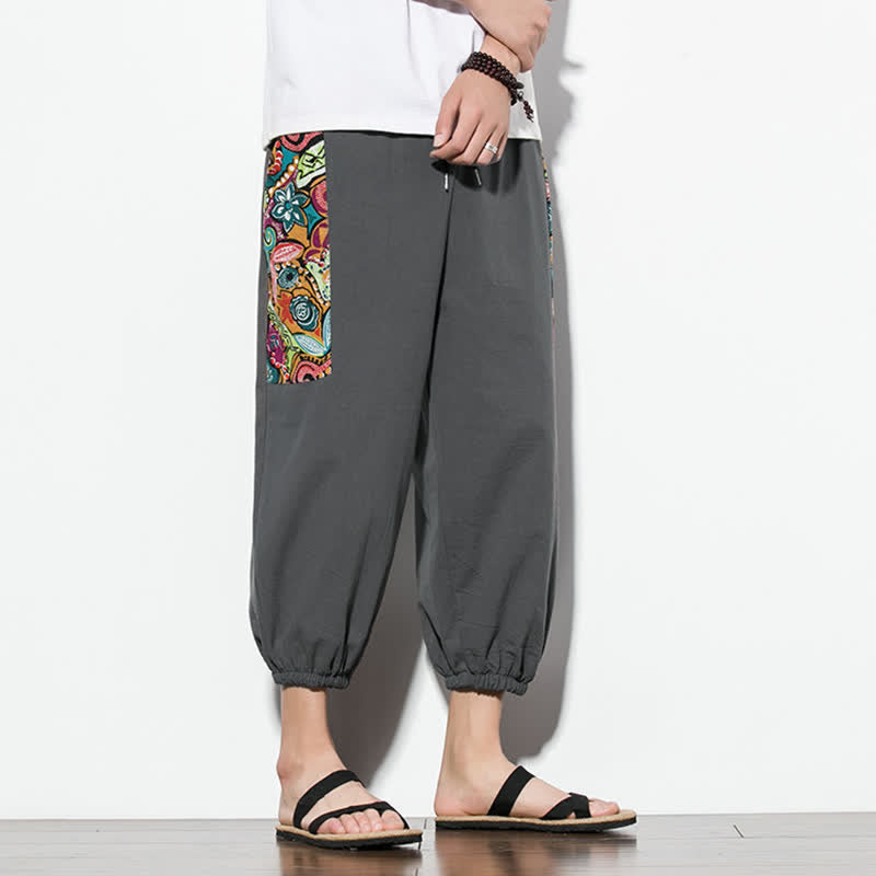 Buddha Stones Pantaloni Capri estivi casual boho con coulisse e stampa astratta, pantaloni harem da uomo con tasca - image 2