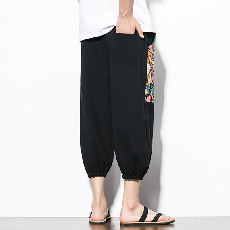 Buddha Stones Pantaloni Capri estivi casual boho con coulisse e stampa astratta, pantaloni harem da uomo con tasca - image 16