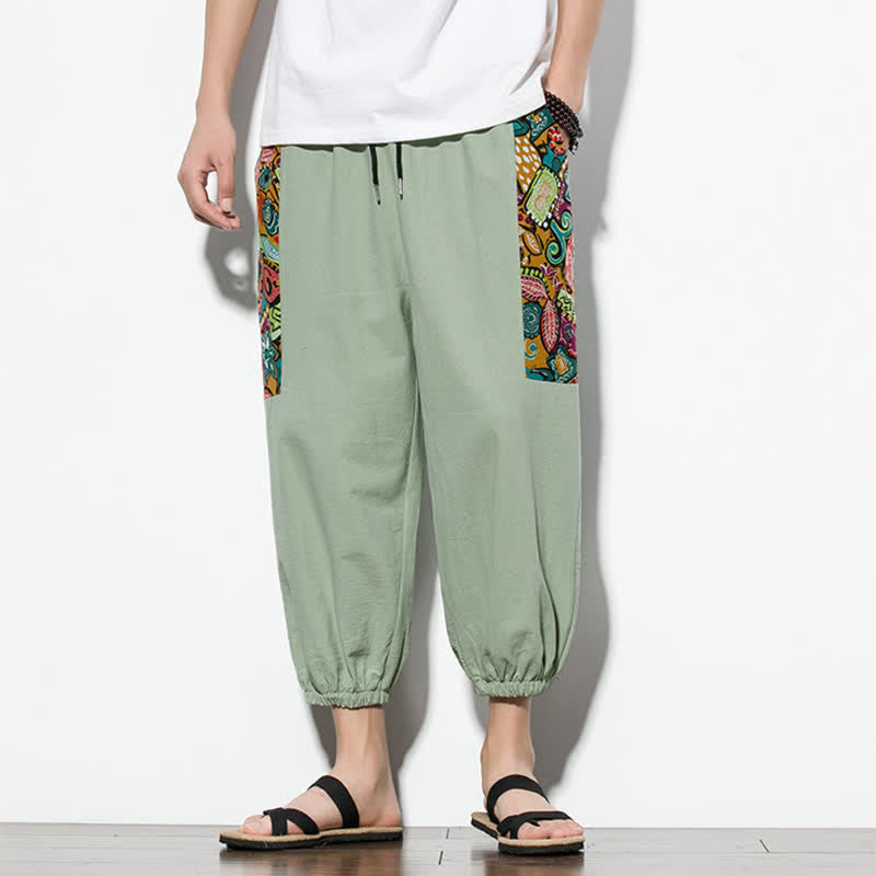 Buddha Stones Pantaloni Capri estivi casual boho con coulisse e stampa astratta, pantaloni harem da uomo con tasca - image 23