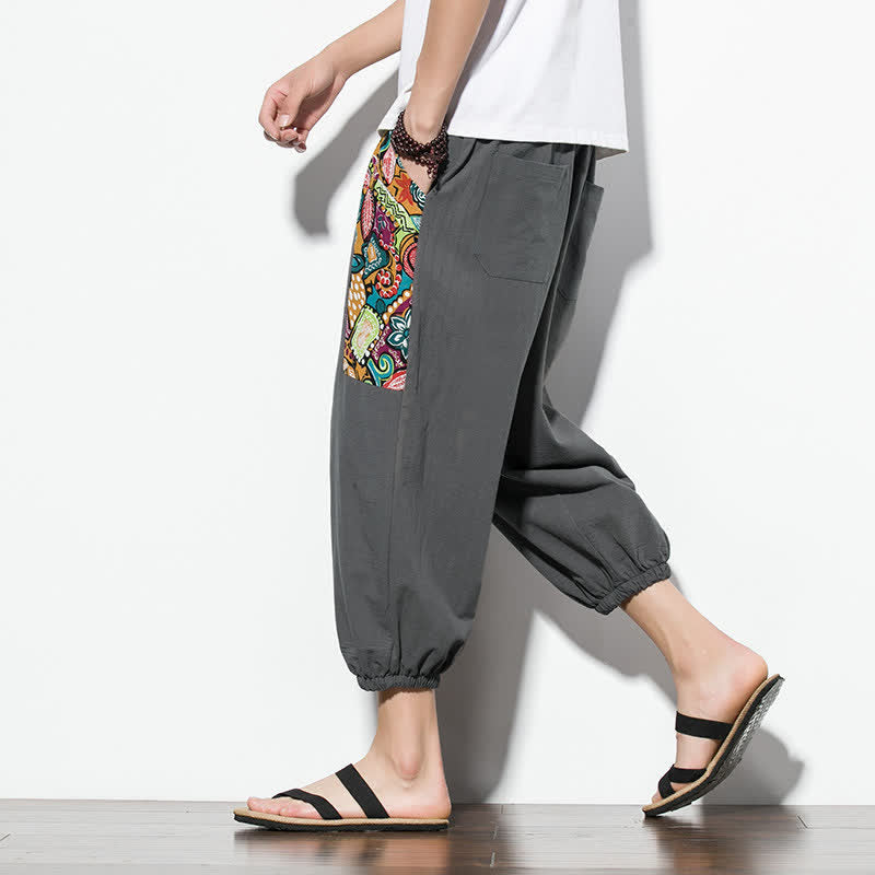 Buddha Stones Pantaloni Capri estivi casual boho con coulisse e stampa astratta, pantaloni harem da uomo con tasca - image 6