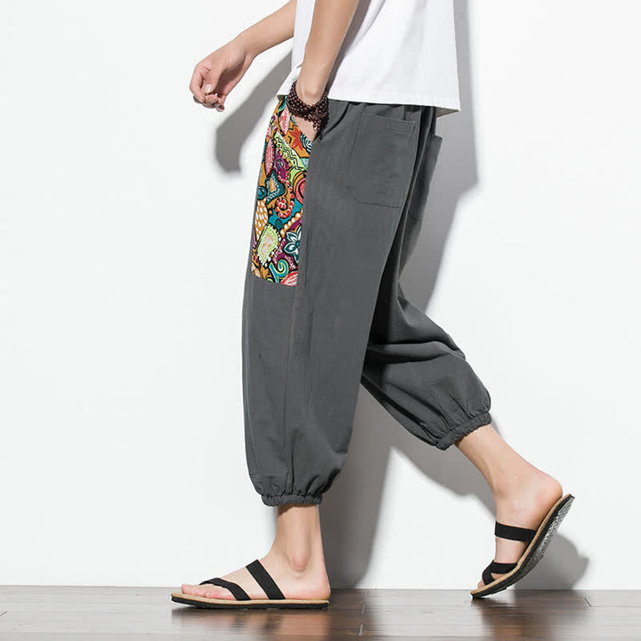 Buddha Stones Pantaloni Capri estivi casual boho con coulisse e stampa astratta, pantaloni harem da uomo con tasca - image 6