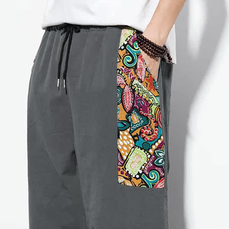 Buddha Stones Pantaloni Capri estivi casual boho con coulisse e stampa astratta, pantaloni harem da uomo con tasca - image 10