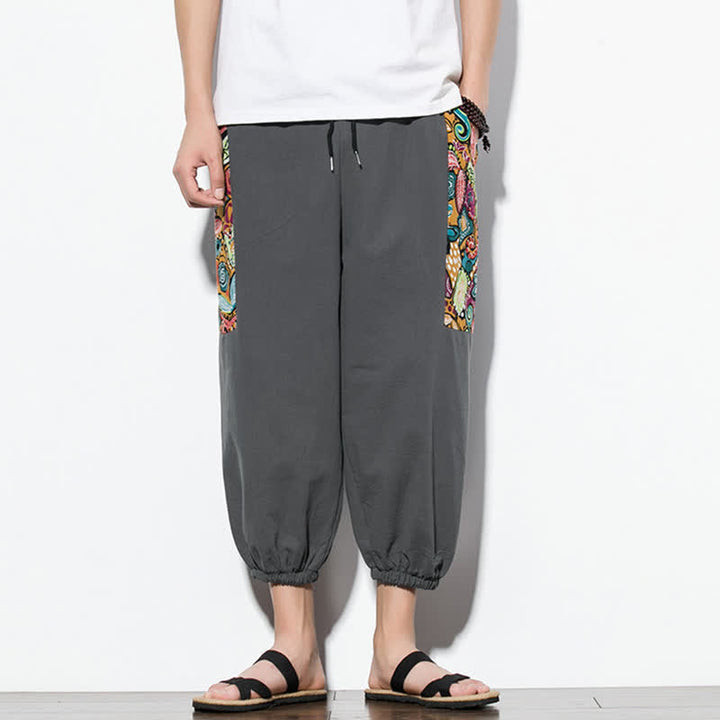 Buddha Stones Pantaloni Capri estivi casual boho con coulisse e stampa astratta, pantaloni harem da uomo con tasca - image 1
